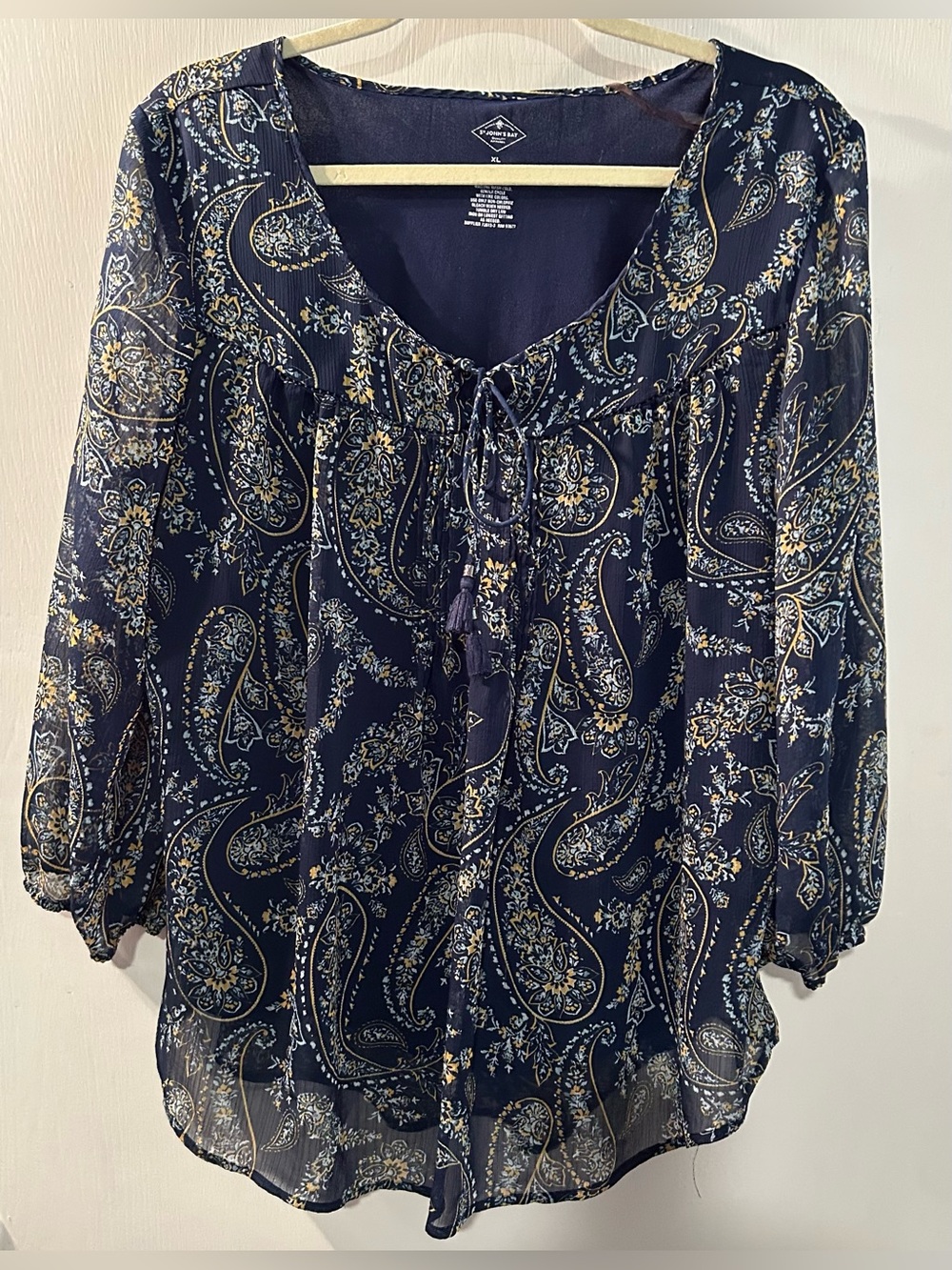 St. John’s Bay Navy Paisley Tie-Neck Peasant Blouse Size XL